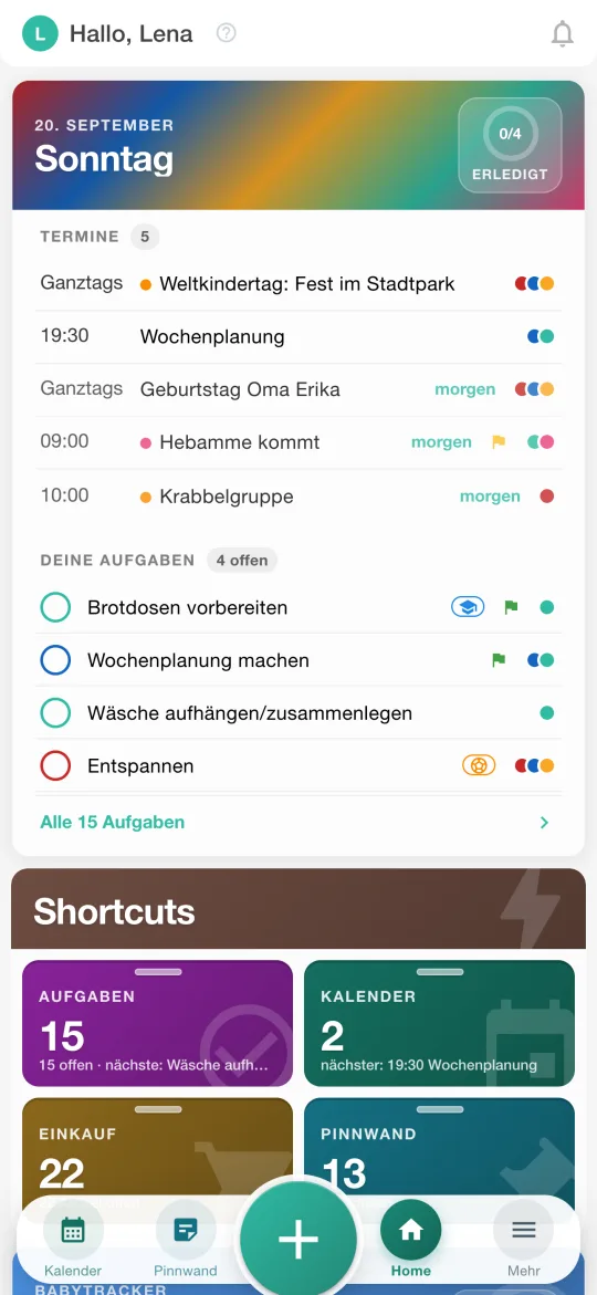 Startseite von MyNestPlan auf dem Handy mit Terminen und Aufgaben der Familie