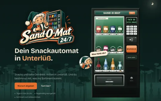Startseite von sand-o-mat.de mit dem Snackautomaten im Wald