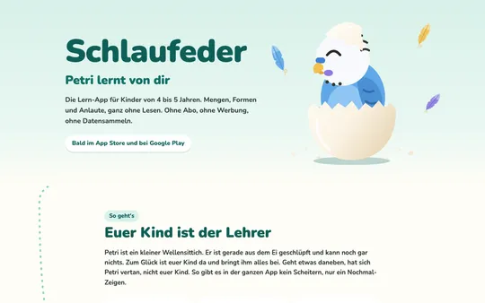 Startseite von schlaufeder.de mit dem Wellensittich Petri