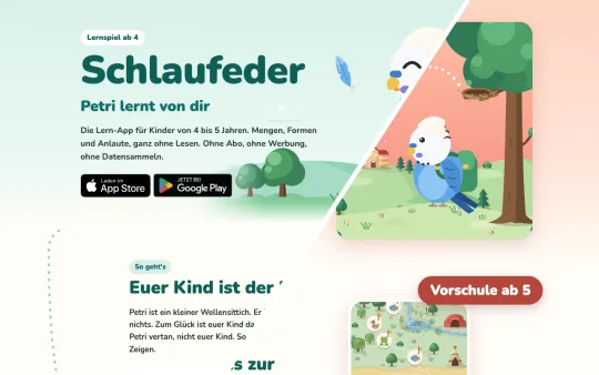 schlaufeder.de, diagonal geteilt: oben links das Lernspiel ab 4, unten rechts die Vorschule ab 5